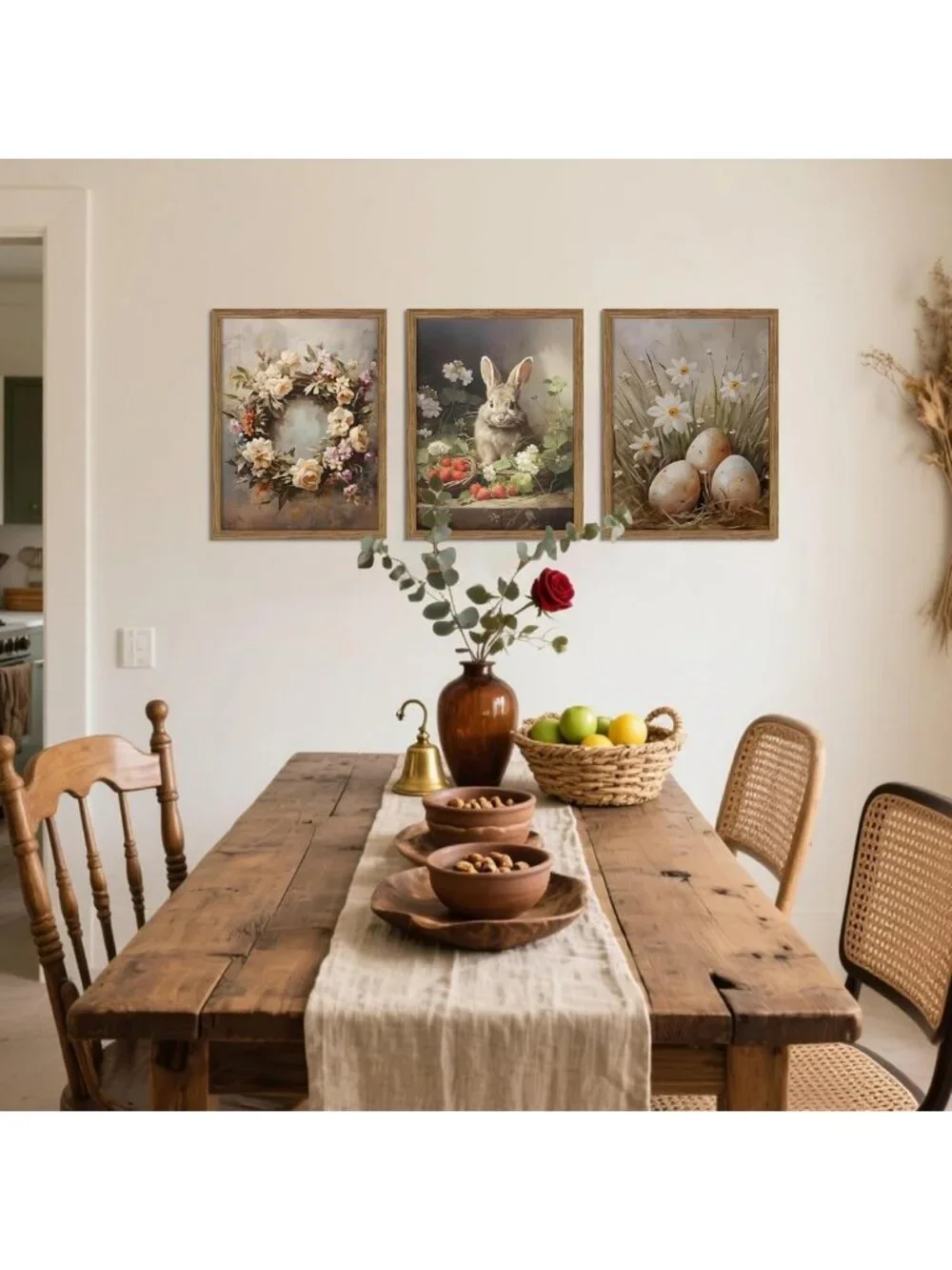 Vintage Easter Bunny Wall Art Set of 3 - Rustic Spring Canvas Decor for Home